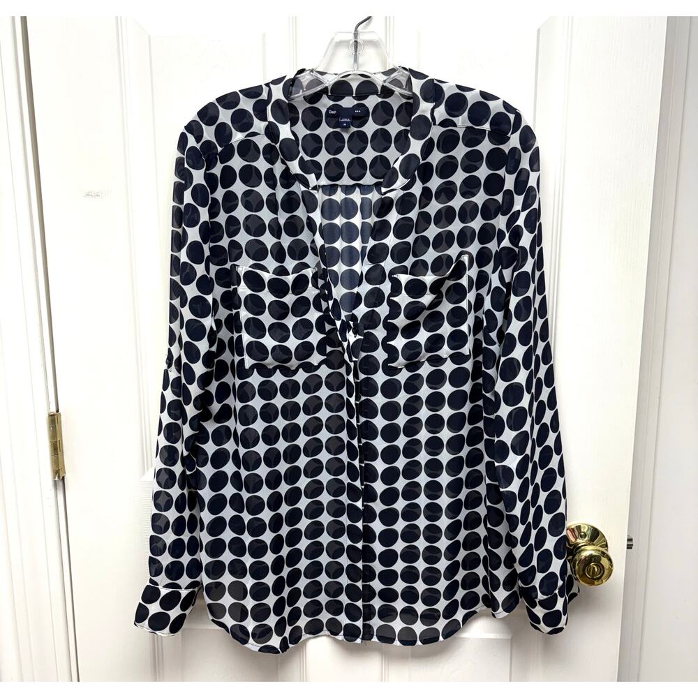 Gap Blouse Sheer Navy White Polka Dot V Neck Button Up Long Sleeve Womans Size M
